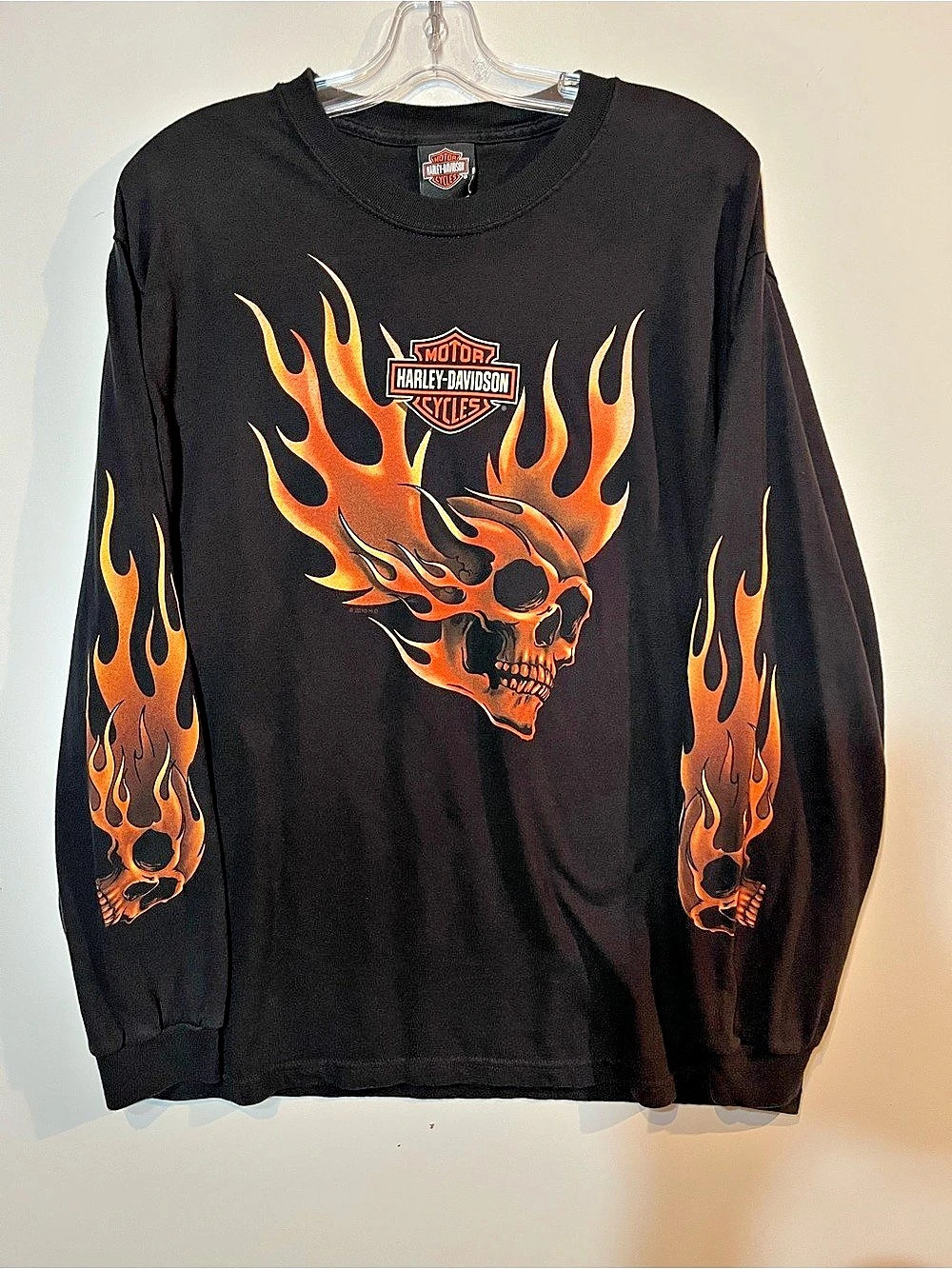 VintageHarley-Davidson Flaming Skull Long Sleeve T-Shirt Tee Size Large